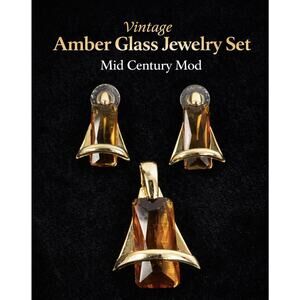Vintage Amber Glass Gold Tone Pendant Earrings Set Mid Century Mod